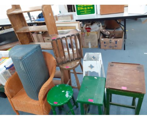 Vintage furniture to include a green painted child's desk of small proportions, mixed stools, a Lloyd Loom style orange paint