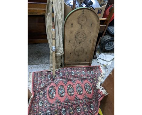 A mixed lot to include a 'Precision Rods' fishing rod, bagatelle board and a Middle Eastern rugLocation: 