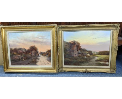 R Telford - two oil on canvas both depicting country village scenes, 49.5cm x 40cm, framedLocation: 
