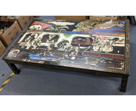 A vintage Chinese chinoiserie rectangular shaped coffee table decorated with figures, trees and pond by a building, 35.5cm h 