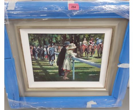 Sherree Valentine Daines - a singed limited edition print depicting a day at the races entitled 'On Parade', signed lower rig
