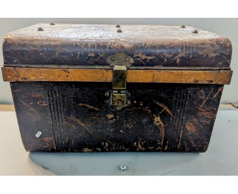An early 20th century metal steel bound travelling trunk having twin handles Location: 