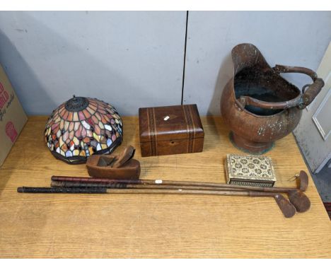 mixed collectables to include three hickory shafted golf clubs, a Tiffany style lamp shade, two boxes and a coal skuttleLocat