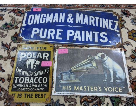 Three late 20th century enamel advertising sign to include 'Longman & Martinez Pure Paints', 20.5cm h x 43cm w, 'Polar Chewin