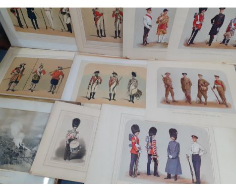 A quantity of military prints depicting the changing fashions of uniform 1660's - 1925 together with a Battle of Balaclava pr