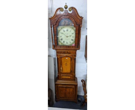 A Georgian mahogany and oak cased 30 hour longcase clock having broken swan neck pediment and painted arched top dial, 210cm 