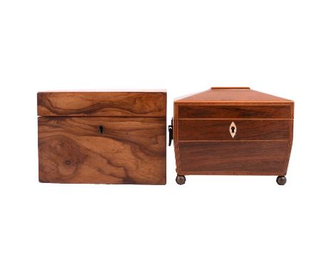 Victorian rosewood tea caddy, sarcophagus shape, brass handle and feet, 19cm, and another rectangular caddy, 20.5cm.Qty: 2