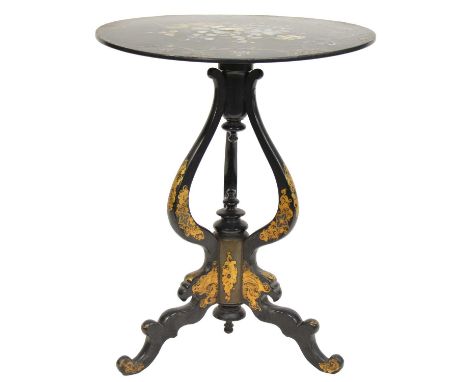 Victorian paper mache table, circular tilt top with inlaid and painted decoration, scrolled column on tripod legs, diameter 6