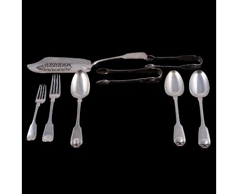 Small mixed group of fiddle and shell pattern silver cutlery, including a fish slice, makers mark worn, London 1832, pierced 