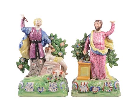 A Staffordshire earthenware group of the Sacrifice of Isaac, circa 1820, modelled with the boy lying on an altar before a flo