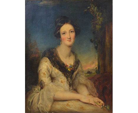 Circle of William Etty,Portrait of a lady,three quarter length seated, holding a flower,oil on canvas, unsigned,91.5x72cm.
