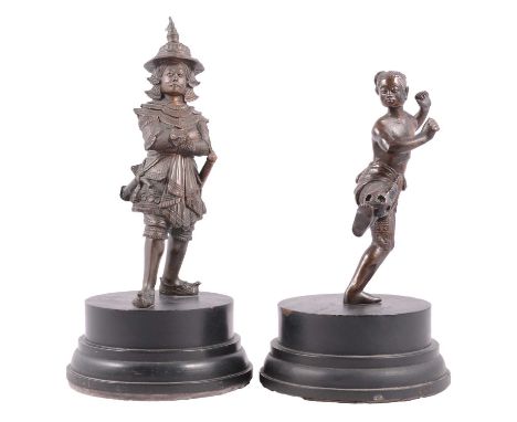 Asian bronze figure, Samurai, unsigned, on a circular wooden plinth, overall 25cm and another bronze figure of a Sepak Takraw
