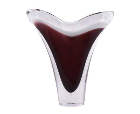 Paul Kedelv for Flygsfors glass, a 'Coquille' series vase, squeezed form, clear glass with opaque and aubergine coloured laye