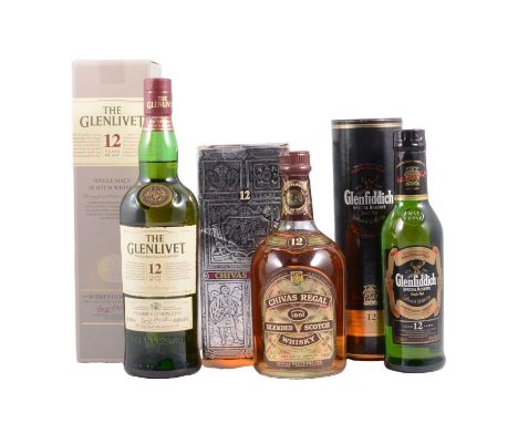 Three assorted bottles of Scotch whisky:Glenlivet, 12 year old, single Highland malt whisky, 40%, 70cl, in carton; Glenfiddic