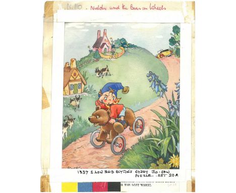 Harmsen van der Beek (Dutch 1897-1953),  Noddy and the Bear on Wheels,  signed, pen and ink with watercolour,  17x15cm, unfra
