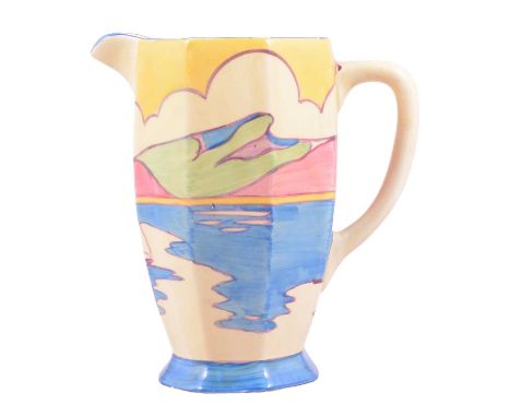 Clarice Cliff, a 'Gibraltar' pattern Athens shape jug, circa 1935, Fantasque Bizarre mark, 16.5cm (restored).Condition report
