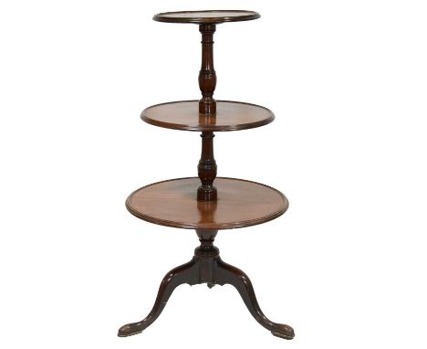Victorian Mahogany dumb waiter, three circular tapering shelves, turned columns, tripod legs, largest diameter 60cm, height 1