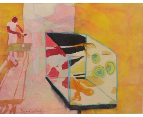 Patrick Procktor (British, 1936-2003),  Figure and fishtank, mixed media on paper, signed,  45cm x 60cm.  Condition report:Th