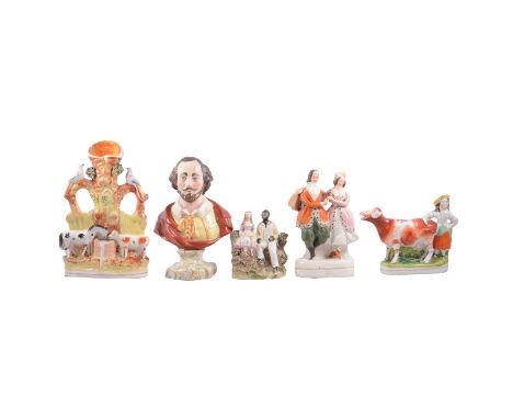 Staffordshire portrait bust, William Shakespeare, 24cm; and a collection of Staffordshire figures.Qty: 15