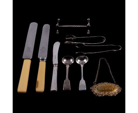Small quantity of sundry silver condiment and egg spoons, total weight 3.6ozt, silver plated cutlery, pair of plated knife re