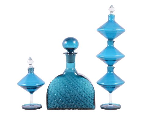 Nanny Still for Riihimaki Glass, a Flindari glass decanter, textured glass in blue colourway, with blown stopper, not signed,