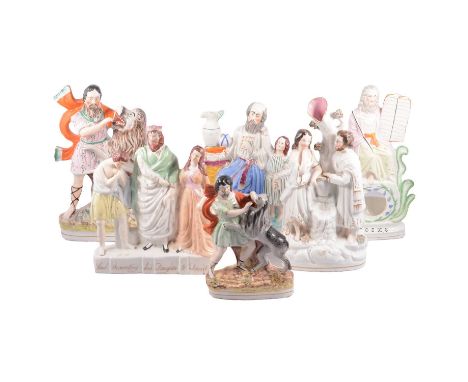 Staffordshire watch-holder figure, Moses, with a Tablet of the Law, 1850's, 32cm; Samson and the Lion, 33cm; Samuel and Eli; 