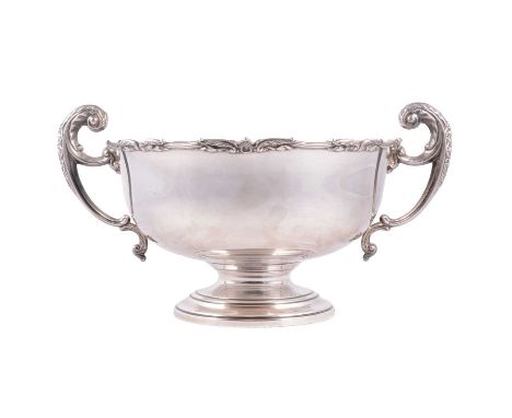 Silver twin handled rose bowl, Adie Brothers, Birmingham 1928, scrolled rim, leaf capped handles, circular foot, width 35cm, 