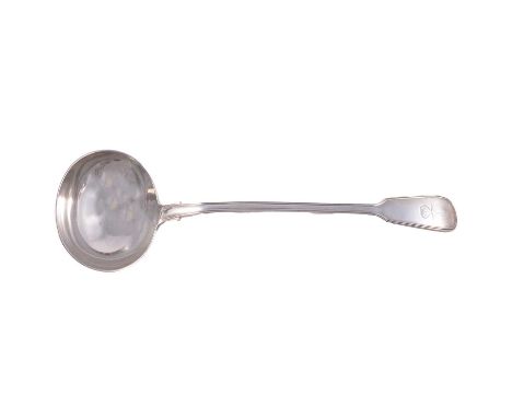 Victorian silver soup ladle, Francis Higgins, London 1876, fiddle and thread pattern with engraved crest, 34cm, 9.6ozt.