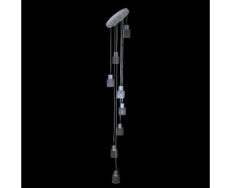 Eight-light pendant ceiling light, 1970s, circular white enamel rose, brushed chrome fittings supporting moulded clear glass 