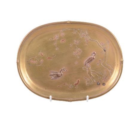 Japanese bronze oval tray, Nogawa, oval with applied and engraved decoration of herons and fish in a pool, 24cm.  Condition r