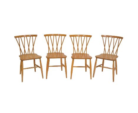 Ercol, set of four 'Candlestick' dining chairs, elm and beech frames with cross spindle backs, stamped and with applied label