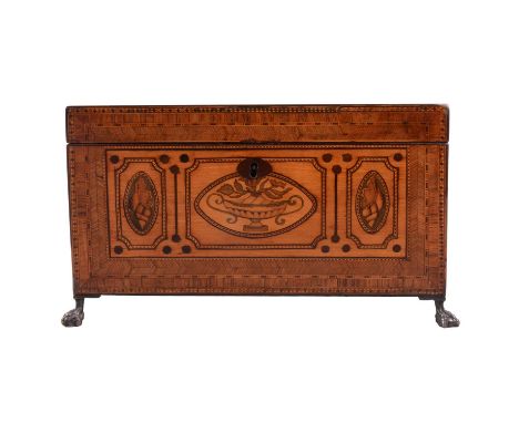 Regency marquetry tea caddy, rectangular with shell and urn inlaid panels within herringbone and strung borders, brass carryi