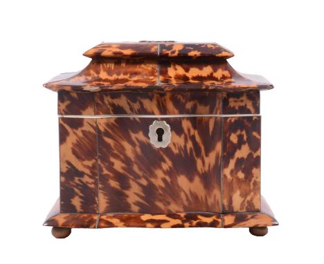 Victorian tortoiseshell tea caddy, serpentine outlines, white metal inlay, ivory lined lid and bone finials inside, 14.5cm.Iv