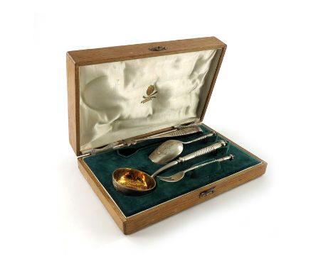 I E Morozov, an Imperial Russian silver tea accoutrement set, PJS, St Petersburg circa 1900, including tongs, caddy spoon, st