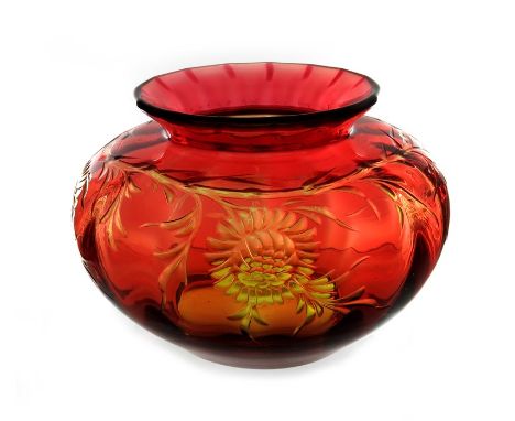 Frederick Carder for Stevens and Williams, a triple cased intaglio cut glass vase, circa 1900, squat ovoid form with everted 