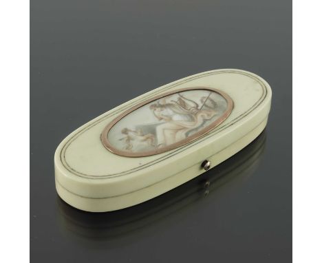 An 18th century ivory and gold mounted toothpick box, oval form, the lid set with a glazed allegorical painting of Terpsichor