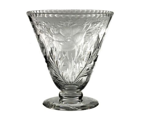 A Stourbridge intaglio cut and engraved glass vase, probably Thomas Webb, footed conical form, realistically decorated with t