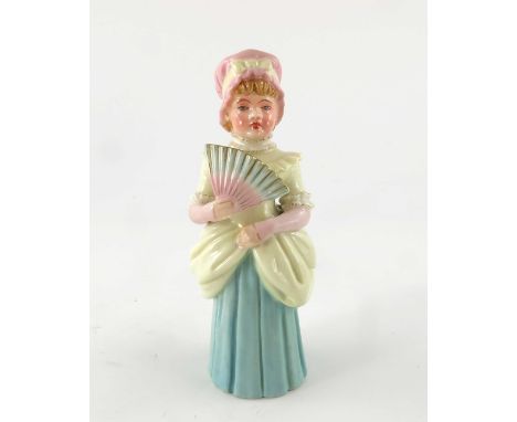 A Royal Worcester candle snuffer, Town Girl, 1880, modelled with a pink bonnet and fan, green marks, 13.5cm high