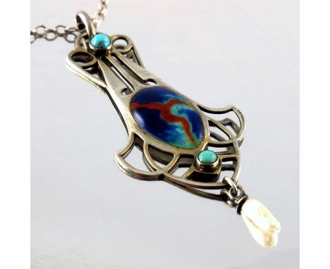 An Arts and Crafts silver and enamelled pendant, ogee trefoil drop form with oval lightning strike enamel plaque, between tur