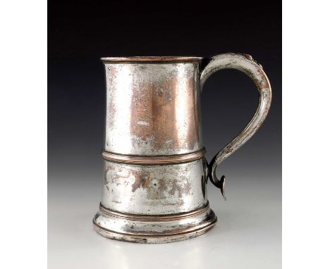 A George II Old Sheffield Plate tankard, circa 1755, conical form with ribbed bands and S scroll handle, with baluster bracke