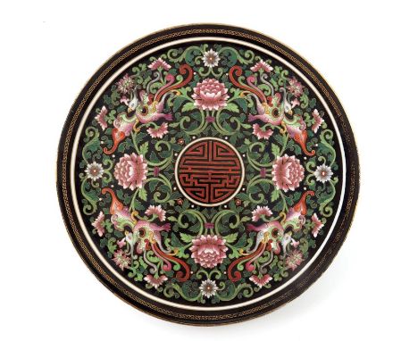 A Royal Worcester Aesthetic Movement Chinese charger, 1878, in the form of a Qianlong cloisonne enamelled plate, black ground