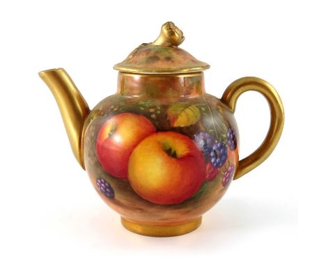 Shuck for Royal Worcester, a fruit painted miniature teapot, cannon ball form, 10cm long