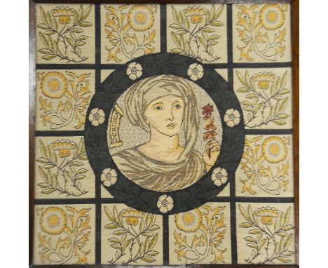 After Edward Burne Jones, a PreRaphaelite style tapestry panel, the central portrait roundel of Doringen within a trellis of 