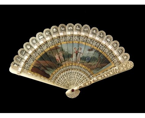 λ A late 18th century miniature Chinese Canton carved ivory painted brisé export fan (中國象牙扇), possibly made for a child, circ