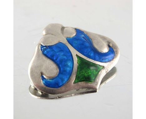 James Fenton, an Arts and Crafts silver and enamelled brooch, Birmingham 1908, lobed ogee cartouche form with foliate fronds 