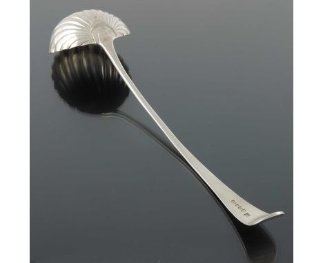 A George III silver ladle, Duncan Urquhart and Naphtali Hart, London 1792, Old English with shell moulded bowl, 34.5cm long, 