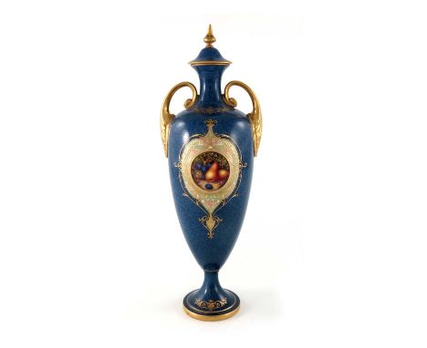 William Bee for Royal Worcester, a fruit painted panel twin handled vase and cover, 1922, pedestal ovoid shouldered form, the