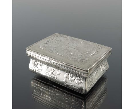 A Dutch silver snuff box, 1900, rectangular section bombe form, embossed in relief with a hunting scene to the sides, the lid