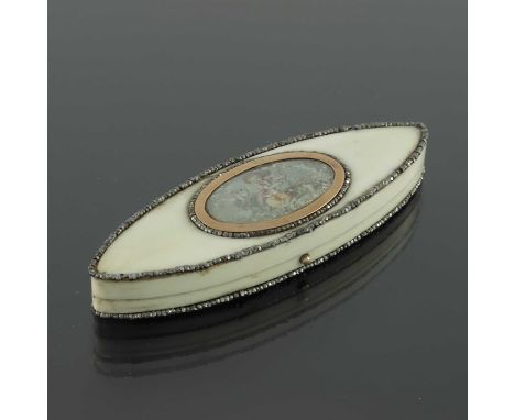 An 18th century ivory, cut steel and gold mounted toothpick box, navette form, the lid set with a glazed painting of a boy wi