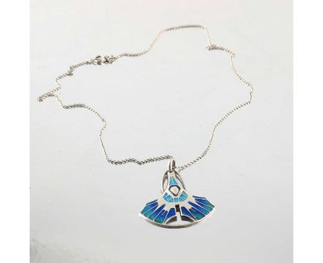 Charles Horner, an Arts and Crafts silver and enamelled pendant, Chester 1919, open stylised axe head form in the Jugendstil 